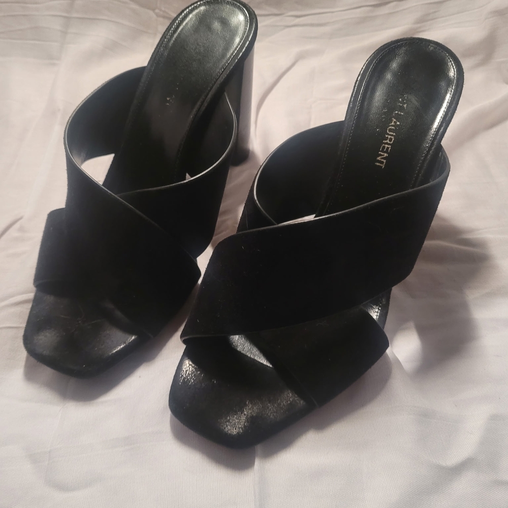 Saint Laurent Black Heeled Mules with Criss-Cross Straps